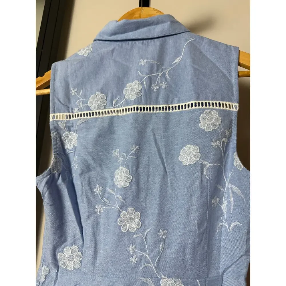 Rachel Parcell Blue Embroidered Sleeveless Midi Dress with White Lace Trim